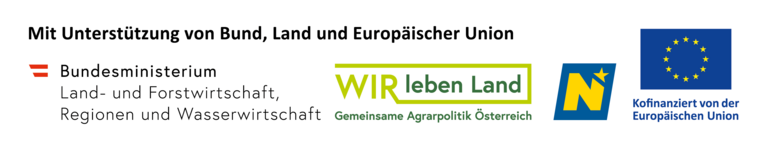 Die Logos des Bundesministeriums, von WIR leben Land, Niederösterreich und der Europäischen Union